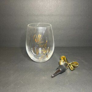 Gold Gift Bow Bottle Stopper and 16oz 'All Tied Up' Stemless Glass Goblet Set